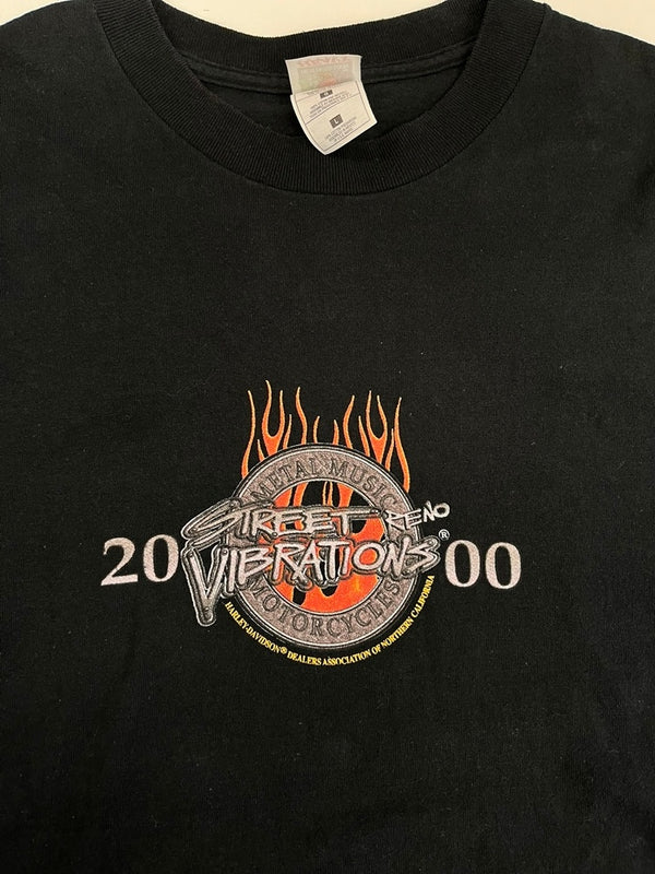 ハーレーダビッドソン Harley-Davidson 00's 00s Street Vibrations 2000 ストリートバイブレーション メタル ミュージック 炎 プリント 黒 バイカー Tシャツ ブラック Lサイズ 101MT-4531