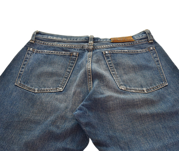 ダブルアールエル RRL ボタンフライ ストレートデニム 日本製 ダメージ加工 青耳 革パッチ デニム ブルー 32/34 103MB-586