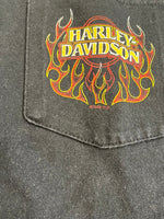 ハーレーダビッドソン Harley-Davidson 00’s  バーアンドシールドロゴ モーターサイクル パイレーツ 海賊 フレイム ファイヤーパターン 袖プリント 両面プリント VINTAGE ヴィンテージ ポケット ロングスリーブ ロンT ブラック Lサイズ 101MT-4572