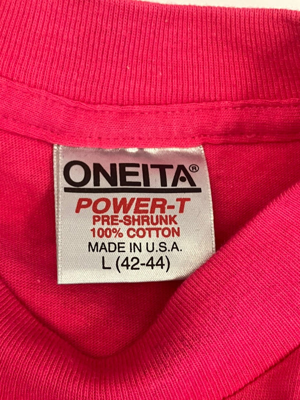 US US古着 90’s 90年代 ONEITA オールドイングリッシュ フロッキープリント MADE IN USA アメリカ製 VINTAGE ヴィンテージ シングルステッチ Tシャツ ピンク Lサイズ 101MT-4573