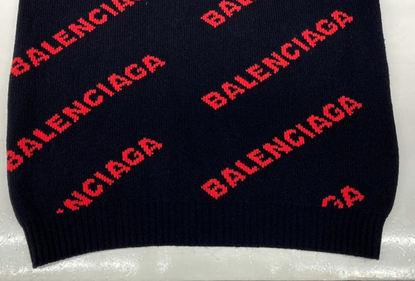 バレンシアガ BALENCIAGA 18SS ALLOVER LOGO CREWNECK KNIT オールオーバー ロゴ ニット ジャガード 紺 555279 セーター 総柄 ネイビー XSサイズ 104MT-634