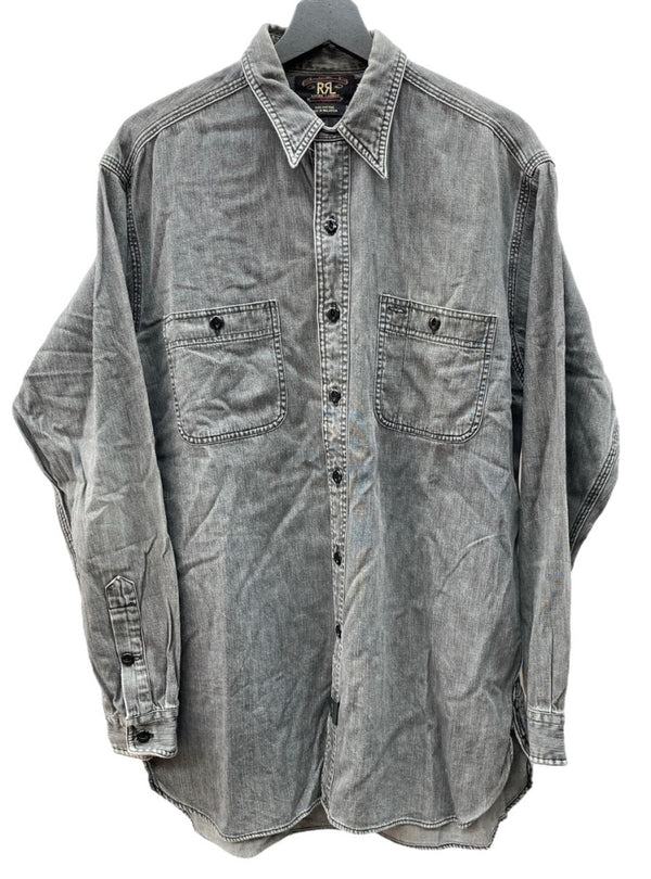 ダブルアールエル RRL 90s 三ツ星タグ ブラックデニム SHIRT シャンブレー ステンカラー フロントボタン チンスト 猫目ボタン ヴィンテージ VINTAGE GRAY 灰色 長袖シャツ 無地 グレー Mサイズ 104MT-1953