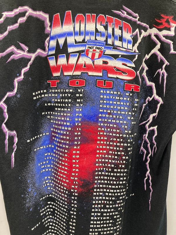 ヴィンテージ vintage 90s HOT ROD MONSTER WARS TOUR モンスター トラック ウォーズ モータースポーツ 袖シングル 総柄 US古着 Tシャツ ブラック Lサイズ 101MT-2971