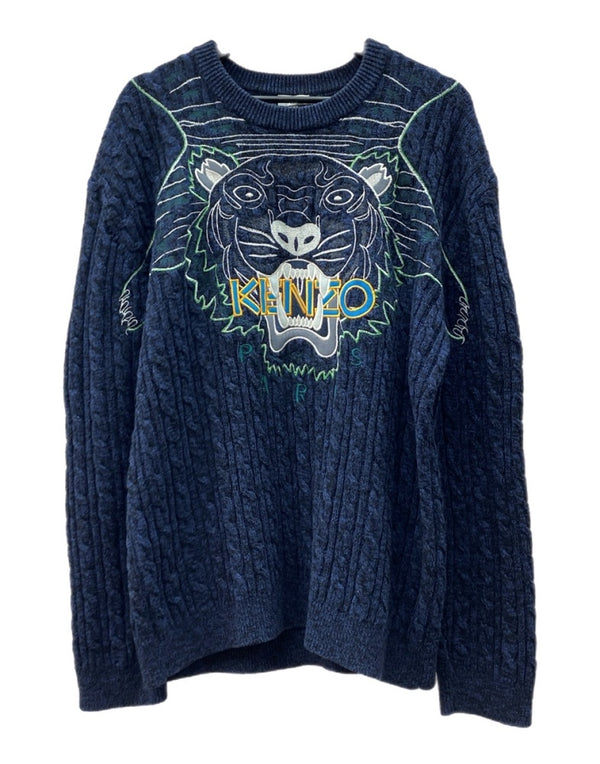 ケンゾー KENZO CREWNECK TIGER KNIT クルーネック タイガー ニット セーター ラメ 刺繍 厚手 長袖 紺 F965PU2513XE セーター ロゴ ネイビー XLサイズ 104MT-1964