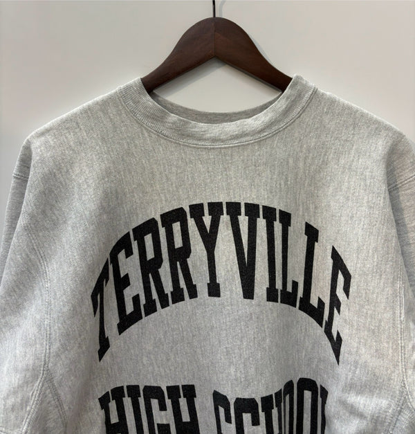 【曜日割引対象外】 チャンピオン Champion 80's USA製 トリコタグ 黒染み込み TERRYVILLE HIGH SCHOOL カレッジロゴ スウェット グレー Lサイズ 201MT-2834 VB