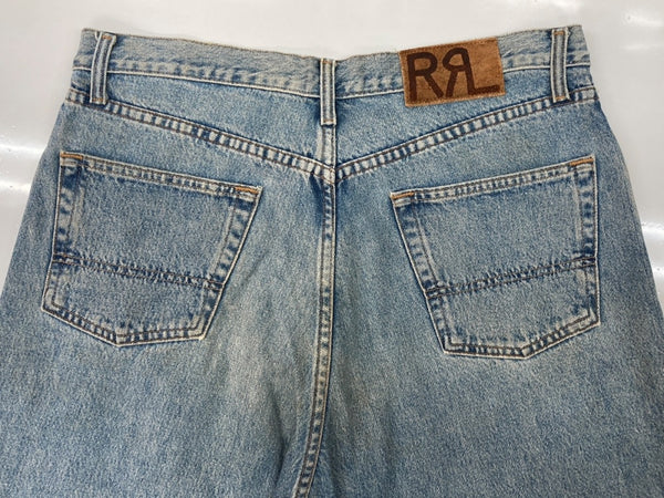 ダブルアールエル RRL DENIM PANTS デニム パンツ ボタンフライ ジーパン ジーンズ USA製 Ralph Lauren インディゴ 青 ロゴ R002 デニム ブルー 35×30 104MB-350