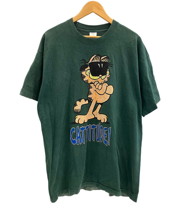 US US古着 90's 90年代 FRUIT OF THE LOOM MADE IN USA アメリカ製 ガーフィールド Garfield キャラクター アニメ グラフィック プリント XL Tシャツ グリーン LLサイズ 101MT-3917