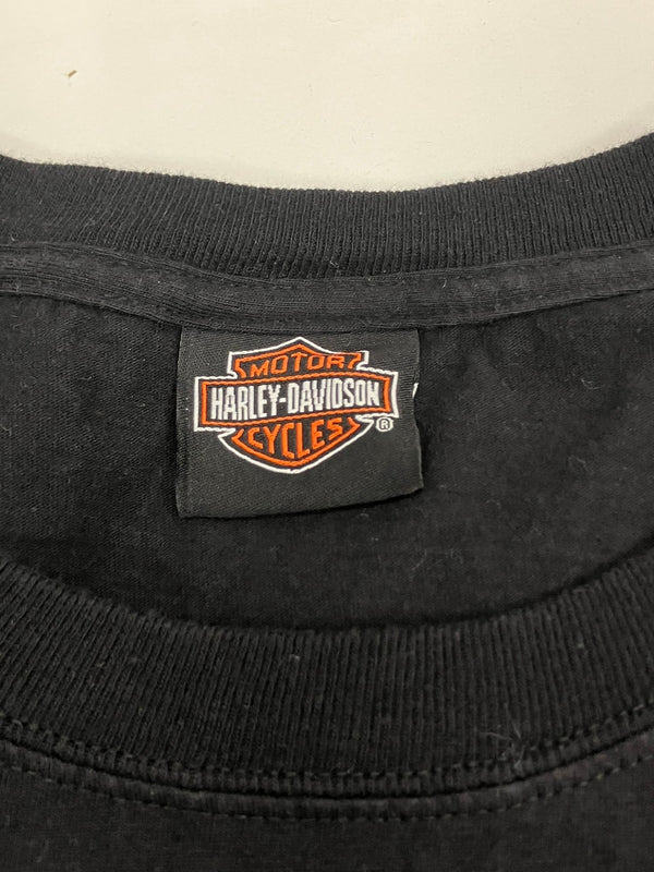 ハーレーダビッドソン Harley-Davidson モーターサイクル バイク スカル ドクロ フレイム ファイヤー ロゴ 両面プリント ポケット - Tシャツ ブラック 101MT-4533