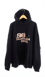 バレンシアガ BALENCIAGA 23SS Hand Drawn BB Icon Hoodieダメージ加工ロゴ オーバーサイズ  パーカー  黒 IT07 620973TNVQ1 1059  パーカ ブラック LLサイズ 103MT-1039