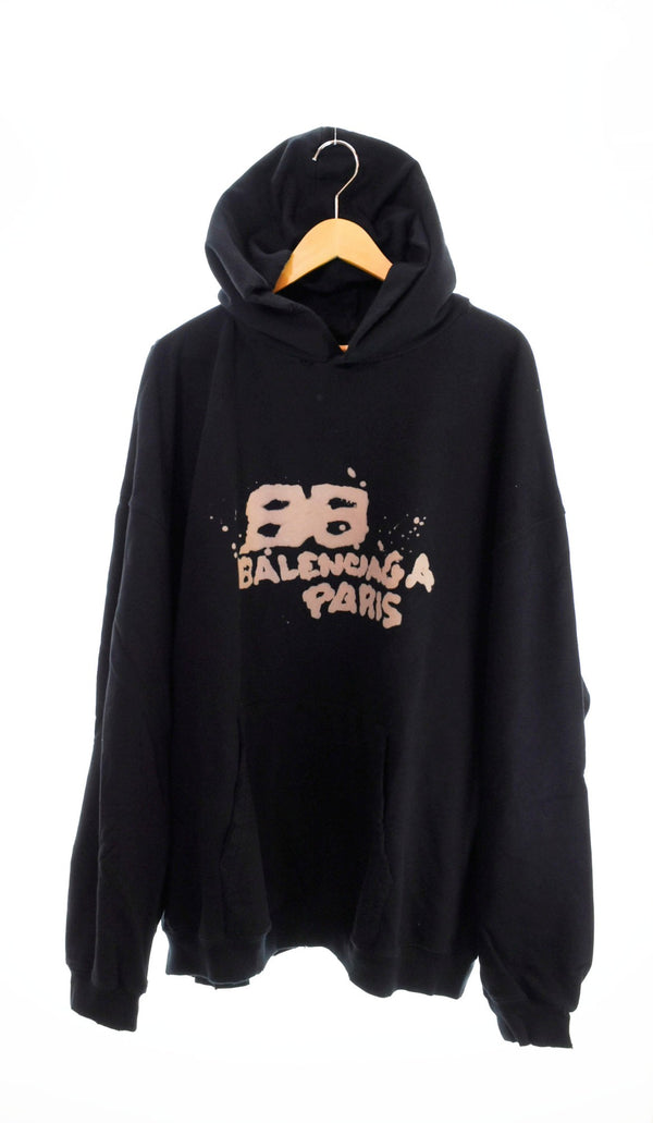 バレンシアガ BALENCIAGA 23SS Hand Drawn BB Icon Hoodieダメージ加工ロゴ オーバーサイズ  パーカー  黒 IT07 620973TNVQ1 1059  パーカ ブラック LLサイズ 103MT-1039