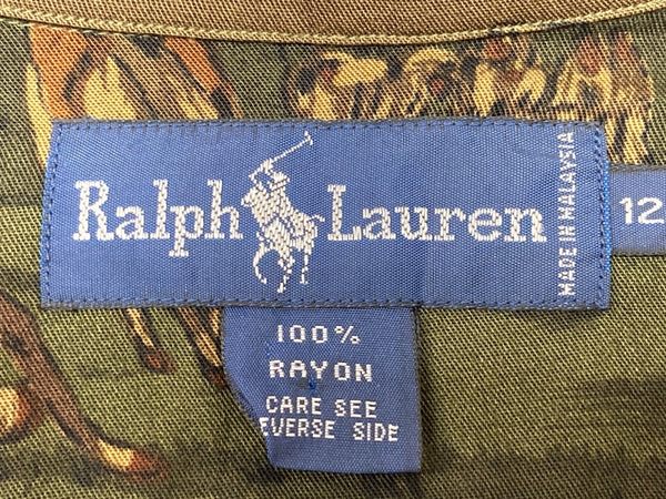 ラルフローレン RalphLauren 90's 90年代 オープンカラー 開襟 ステンカラー フロントボタン レーヨン 馬 HORSE ヴィンテージ VINTAGE マレーシア製 グリーン系 ブラウン系 SIZE12 長袖シャツ 総柄 マルチカラー 104MT-2038