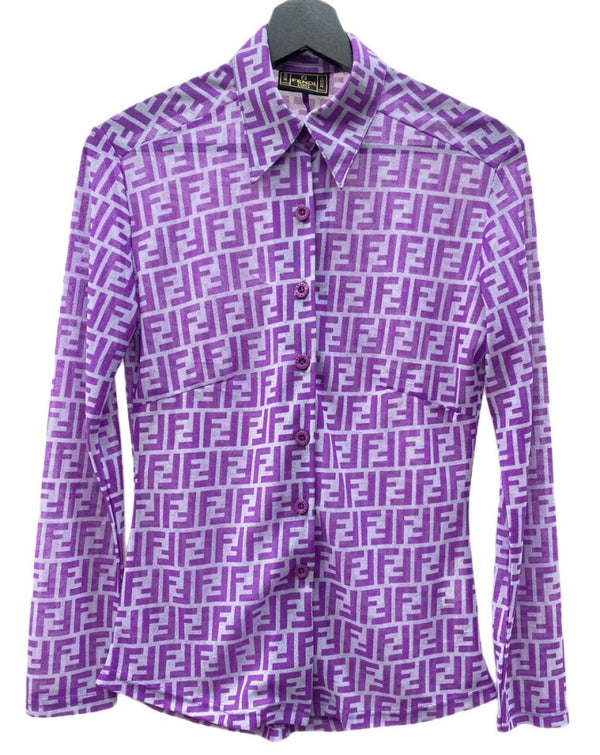 フェンディ FENDI ジーンズ JEANS ズッカ柄 ロングスリーブ ブラウス ステンカラー シアー フロントボタン ロゴボタン ウエストライン イタリア製 PURPLE 紫 10.54224 長袖シャツ 総柄 パープル 104LT-231