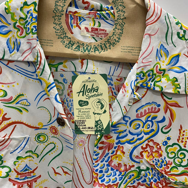 【曜日割引対象外】 サンサーフ SUN SURF レーヨンハワイアンシャツ GUARDIAN SPIRIT  SS29201 長袖シャツ ホワイト Mサイズ 201MT-4394 VB