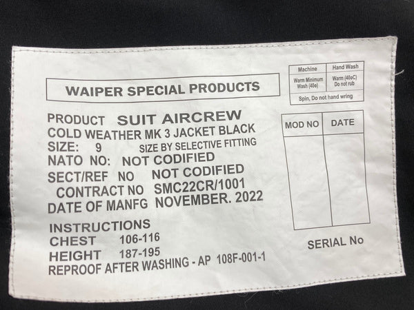 ワイパーインク WAIPER.inc イギリス軍 RAF MK3 VENTILE ベンタイル フライトジャケット ミリタリー アウター ベンタイル レプリカ 復刻 ショート丈 黒 サイズ 9 ジャケット 無地 ブラック 104MT-1046