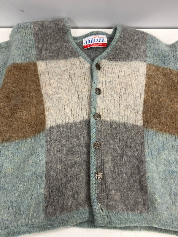 ヴィンテージ vintage 60's 60年代 Jantzen ジャンセン MADE IN USA アメリカ製 MOHAIR 毛足長 ブロック 柄モヘア カーディガン ブルー Mサイズ 101MT-3648