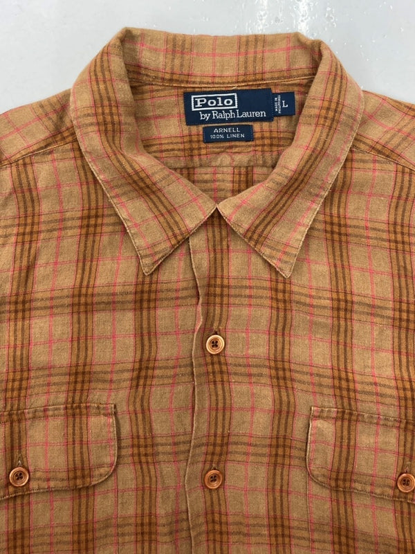 ラルフローレン RalphLauren 90s LINEN S/S OPEN COLLAR SHIRT リネン オープン カラー シャツ 半袖 開襟 茶 HS-RL-YM-0852 半袖シャツ チェック ブラウン Lサイズ 104MT-1505