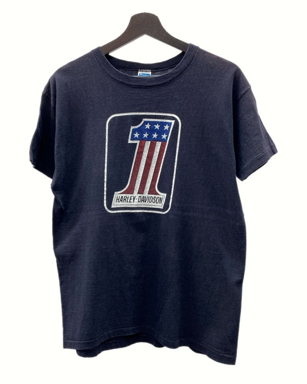 ヴィンテージ vintage 70s Harley Davidson ハーレー ダビッドソン No.1 T-SHIRT Tシャツ Champion バータグ 星条旗 両面プリント 黒 Tシャツ プリント ブラック Lサイズ 104MT-1184