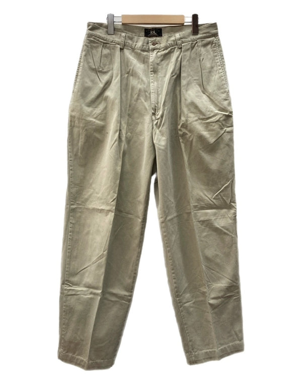 ダブルアールエル RRL 90s TACK CHINO PANTS タック チノ パンツ ジップフライ ワーク トラウザーズ 三ツ星タグ USA製 Ralph Lauren 薄茶 無地 チノパン ベージュ 33×31 104MB-343