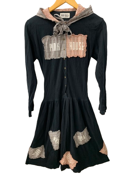 ピンクハウス PINK HOUSE ロングワンピース リボン ワッペン フード付き ギンガムチェック柄 ワンピース ブラック 201LT-437