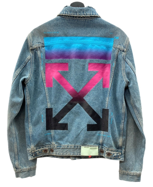 オフホワイト OFF-WHITE 18AW グラディエント アロー デニム Gジャン シルバープレート バックプリント ダメージ加工 ヴィンテージ加工 イタリア製 BLUE 青 OMYE005F18166005 ジャケット ロゴ ブルー Lサイズ 104MT-1837