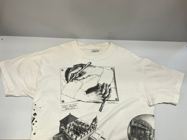 ヴィンテージ vintage 90s 90's SOF TEE BY TEE JAYS M.C.Escher エッシャー 騙し絵 全面プリント オールオーバー アメリカ製 MADE IN USA ART アート XL Tシャツ ホワイト LLサイズ 101MT-3092