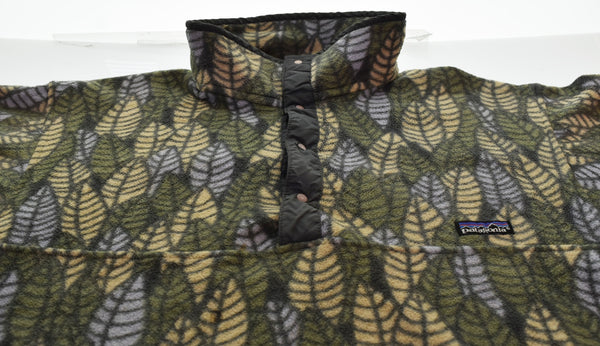 パタゴニア PATAGONIA 90's USA製 ハーフボタン プルオーバー シンチラ フリース LEAF 総柄 25200 ジャケット グリーン Lサイズ 103MT-3072