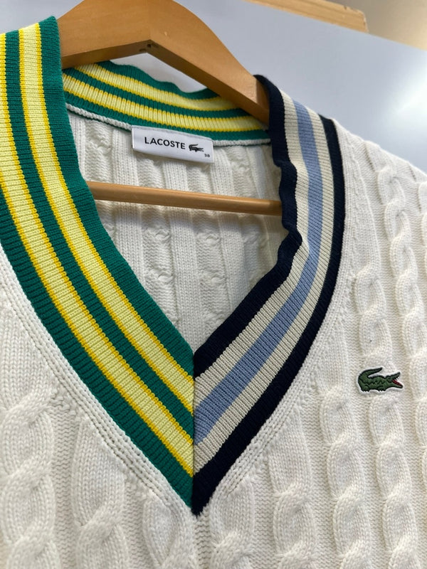 ラコステ LACOSTE アシンメトリー ケーブルニット テニスセーター Ｖネックセーター 白 AF1187 セーター ホワイト サイズ38 101LT-162