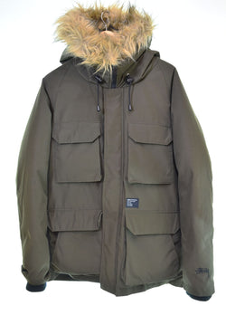 ステューシー  STUSSY 袖 ロゴ 刺繍  ダウンジャケットフード フェイクファー  ジャケット カーキ Lサイズ 103MT-2962