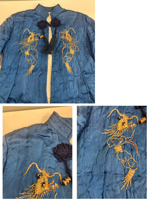 ヴィンテージ vintage 50's 50年代 チャイナジャケット カンフー スリーピング 龍 ドラゴン 刺繍 サテン キルティング ジャケット ブルー 101MT-4801