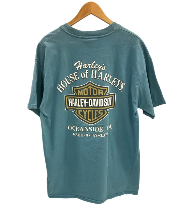 ハーレーダビッドソン Harley-Davidson 90’s  90年代 バーアンドシールドロゴ モーターサイクル  両面プリント MADE IN USA アメリカ製 VINTAGE ヴィンテージ  Tシャツ グリーン Lサイズ 101MT-4590