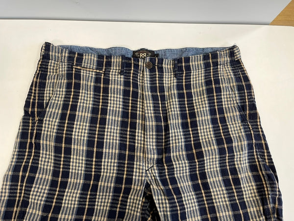 ダブルアールエル RRL ラルフローレン Ralph Lauren チェック柄 コットン リネンパンツ ショートパンツ ハーフパンツ ネイビー サイズ36 101MB-719
