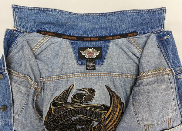 【曜日割引対象外】 ハーレーダビッドソン Harley-Davidson 刺繍ロゴ イーグル デニムジャケット Gジャン ジャケット ブルー Sサイズ 201MT-4152 VB