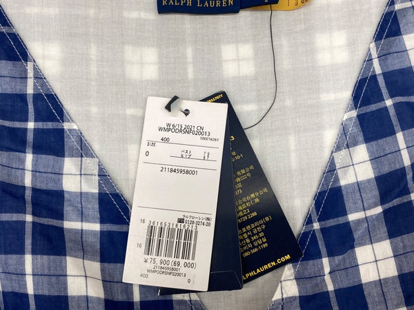 ラルフローレン RalphLauren ポロ POLO 現行タグ プラッド コットン Vネック ドレス Aライン アンクル丈 パフドスリーブ インド製 BLUE 青 211845958001 ワンピース ギンガムチェック ブルー SIZE0 104LT-194