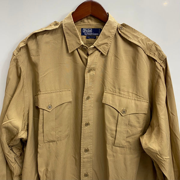 【曜日割引対象外】 ラルフローレン RALPH LAUREN レーヨン サファリシャツ エポレット 無地 長袖シャツ ベージュ Lサイズ 201MT-4363 VB