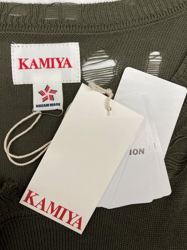 カミヤ KAMIYA PRINTED KNIT TEE プリント ニット Tシャツ ダメージ加工 半袖 セーター 緑 G12TS051 セーター プリント カーキ Mサイズ 104MT-2221