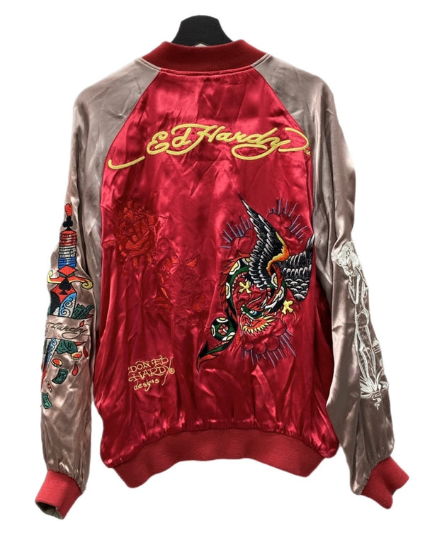 エドハーディー Ed Hardy 龍刺繍 スカジャン ドラゴン柄 ジップアップ チェーン刺繍 アウター ジャケット 赤 ジャケット 総柄 レッド Mサイズ 104MT-1663