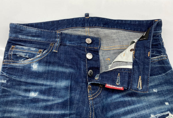 ディースクエアード DSQUARED2 22AW SLIM JEANS スリム ジーンズ デニム パンツ ダメージ加工 ボタンフライ 紺 ワンポイント S74LB1152 S30342 デニム ネイビー サイズ46 104MB-393