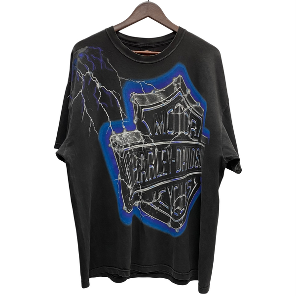 【曜日割引対象外】 ハーレーダビッドソン HARLEY DAVIDSON 2001 LIGHTNING HUGE EMBLEM サンダー USA製 Tシャツ ブラック XLサイズ 201MT-4389 VB