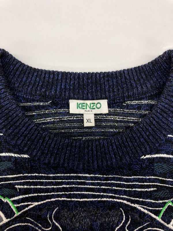 ケンゾー KENZO CREWNECK TIGER KNIT クルーネック タイガー ニット セーター ラメ 刺繍 厚手 長袖 紺 F965PU2513XE セーター ロゴ ネイビー XLサイズ 104MT-1964