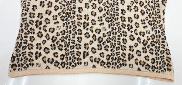 フェンディ FENDI オールド OLD レトロ ニット ラウンドネック 総柄 ロゴ ウール ビスコース レーヨン MADE IN ITALY イタリア製  セーター ヒョウ柄・レオパード柄 ベージュ SIZE40 104LT-248