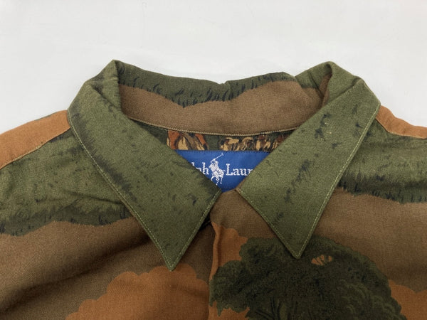 ラルフローレン RalphLauren 90's 90年代 オープンカラー 開襟 ステンカラー フロントボタン レーヨン 馬 HORSE ヴィンテージ VINTAGE マレーシア製 グリーン系 ブラウン系 SIZE12 長袖シャツ 総柄 マルチカラー 104MT-2038