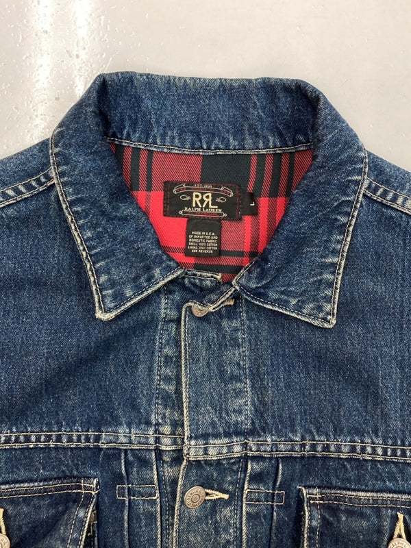 ダブルアールエル RRL 90s 2nd TYPE DENIM JACKET デニム ジャケット Gジャン 裏地チェック USA製 三ツ星タグ Ralph Lauren 青 ジャケット 無地 ブルー Lサイズ 104MT-1441