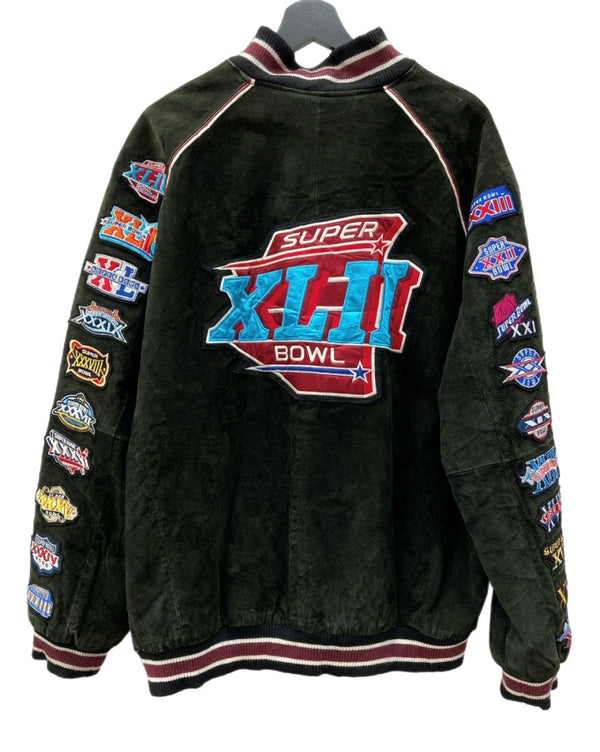 エヌエフエル NFL XLII SUPER BOEL スーパーボウル スタジャン アウター アメフト レザー 革 スエード スウェード ワッペン 刺繍 KHAKI 深緑  6A7GBB00 ジャケット ロゴ カーキ XLサイズ 104MT-1823