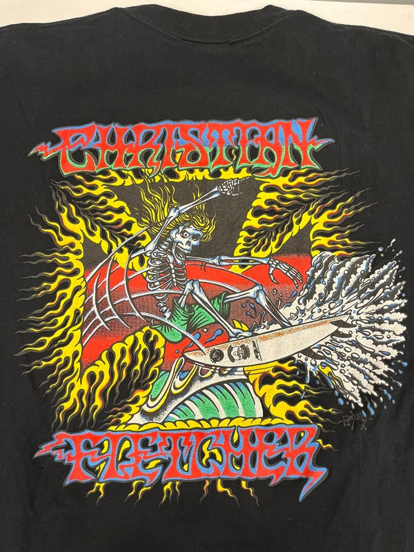 クリスチャン・フレッチャー Christian Fletcher ヴィンテージ Vintage 90s スカルサーファー サーフT サーフィン オールドサーフ 黒 袖シングル US古着 XL Tシャツ ブラック LLサイズ 101MT-4966