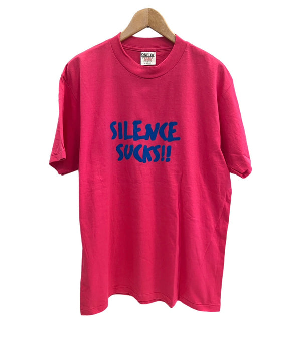 US US古着 90’s 90年代 ONEITA オールドイングリッシュ フロッキープリント MADE IN USA アメリカ製 VINTAGE ヴィンテージ シングルステッチ Tシャツ ピンク Lサイズ 101MT-4574