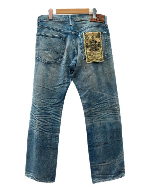 ダブルアールエル RRL DENIM PANTS デニム パンツ ボタンフライ ダメージ加工 ジーパン ジーンズ USA製 Ralph Lauren インディゴ 青 ロゴ R41RB07 デニム ブルー サイズ 33 104MB-214