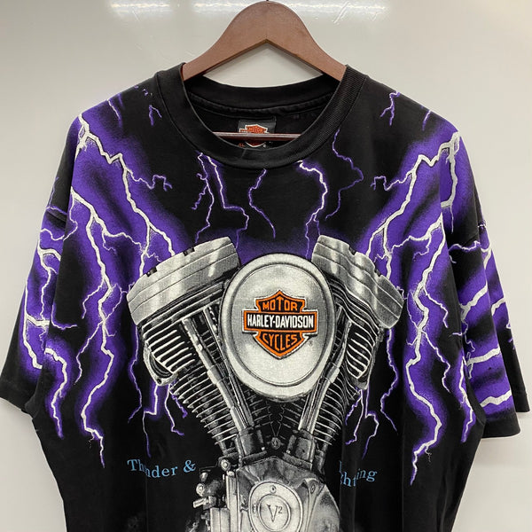 【曜日割引対象外】 ハーレーダビッドソン Harley Davidson 90's Thunder & Lightning USA製 Hanes Tシャツ ブラック XLサイズ 201MT-4201 VB