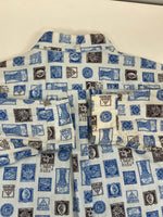 ヴィンテージ vintage 60's 60年代 GOLDEN BRENT ブレント 総柄 切手柄 stamp pattern 長袖シャツ ブルー Mサイズ 101MT-3943