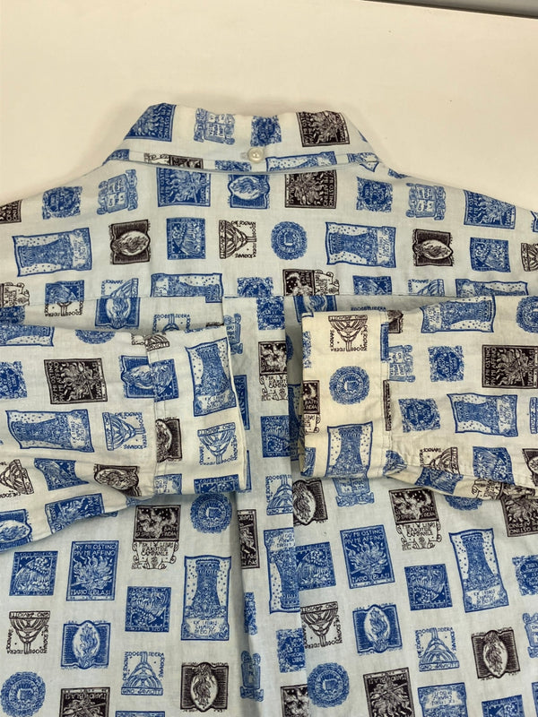 ヴィンテージ vintage 60's 60年代 GOLDEN BRENT ブレント 総柄 切手柄 stamp pattern 長袖シャツ ブルー Mサイズ 101MT-3943