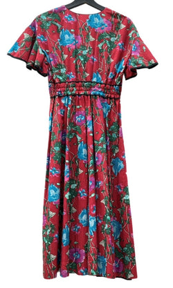 ヴェルニカ Velnica Vネック 花柄 マキシ丈 フレアスリーブ ハイウエスト Aライン コットン タグ付き インド製 MADE IN INDIA RED 赤 20016 ワンピース 総柄 レッド 104LT-202